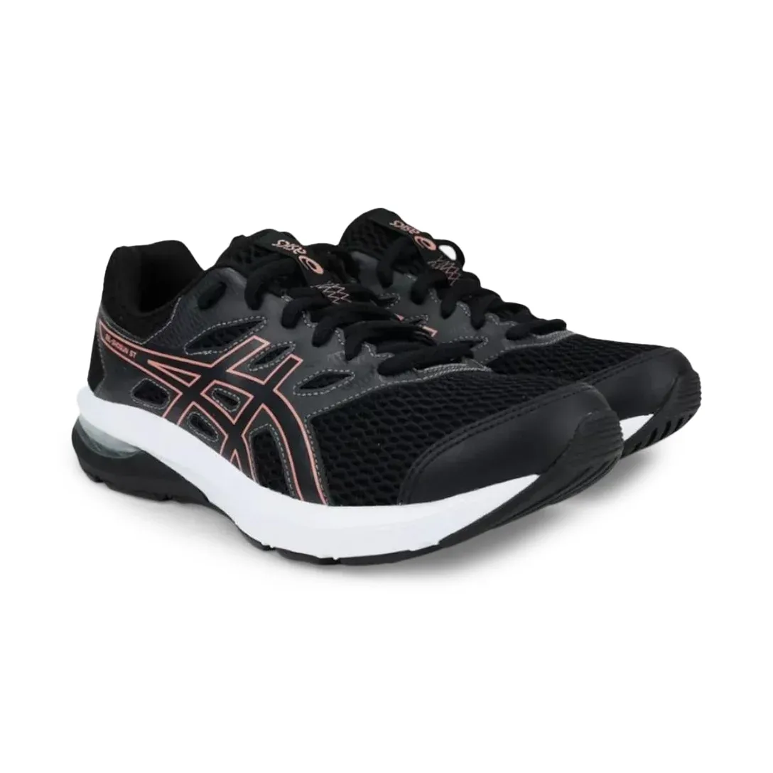 Tênis Asics Gel-Shogun ST feminino preto vista lateral com detalhes em rosa